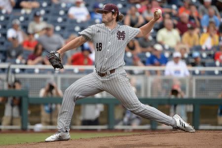 Jun 19, 2018; Omaha, NE, USA; Mississippi State Bulldogs starting pitcher Konnor Pilkington (48) pitches against the North Carolina Tar Heels in the first inning in the College World Series at TD Ameritrade Park. Mandatory Credit: Steven Branscombe-USA TODAY Sports