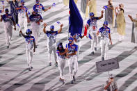 <p>TOKYO, JAPAN - JULY 23: Flag bearers Jayla Pina and Jordin Andrade of Team Cape Verde during the Opening Ceremony of the Tokyo 2020 Olympic Games at Olympic Stadium on July 23, 2021 in Tokyo, Japan. (Photo by Patrick Smith/Getty Images)</p> 