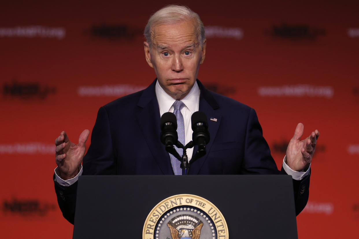  President Joe Biden addresses the North Americas Building Trades Unions legislative conference at the Washington Hilton on April 25 2023 in Washington DC Earlier in the day Biden released a video where he officially announced his reelection campaign. 