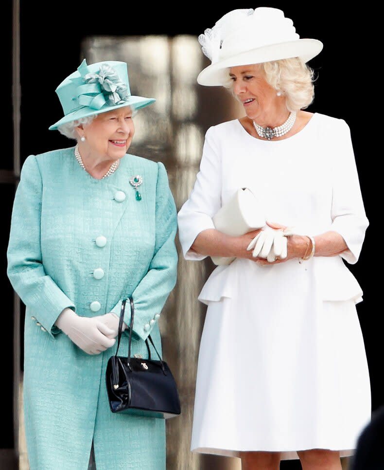 LONDON, UNITED KINGDOM - JUNE 03: (EMBARGOED FOR PUBLICATION IN UK NEWSPAPERS UNTIL 24 HOURS AFTER CREATE DATE AND TIME) Queen Elizabeth II and Camilla, Duchess of Cornwall attend the Ceremonial Welcome in the Buckingham Palace Garden for President Trump during day 1 of his State Visit to the UK on June 3, 2019 in London, England. President Trump's three-day state visit will include lunch with the Queen, and a State Banquet at Buckingham Palace, as well as business meetings with the Prime Minister and the Duke of York, before travelling to Portsmouth to mark the 75th anniversary of the D-Day landings. (Photo by Max Mumby/Indigo/Getty Images)