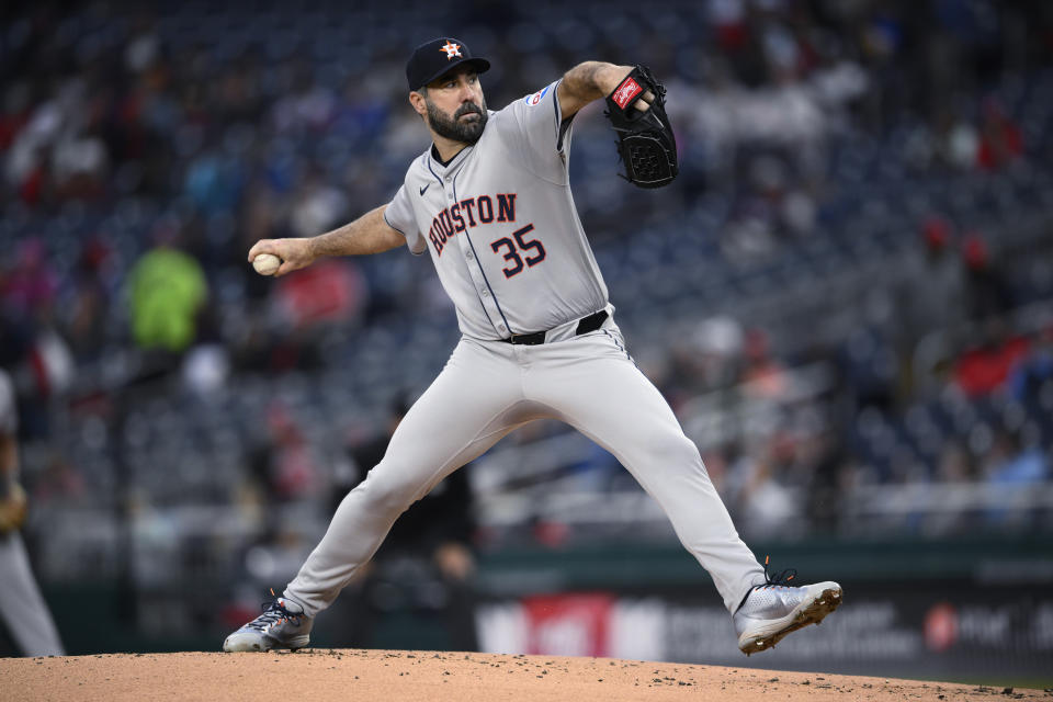 Houston Astros starting pitcher Justin Verlander throws to a Washington Nationals batter during the first inning of a baseball game Friday, April 19, 2024, in Washington. (AP Photo/Nick Wass)