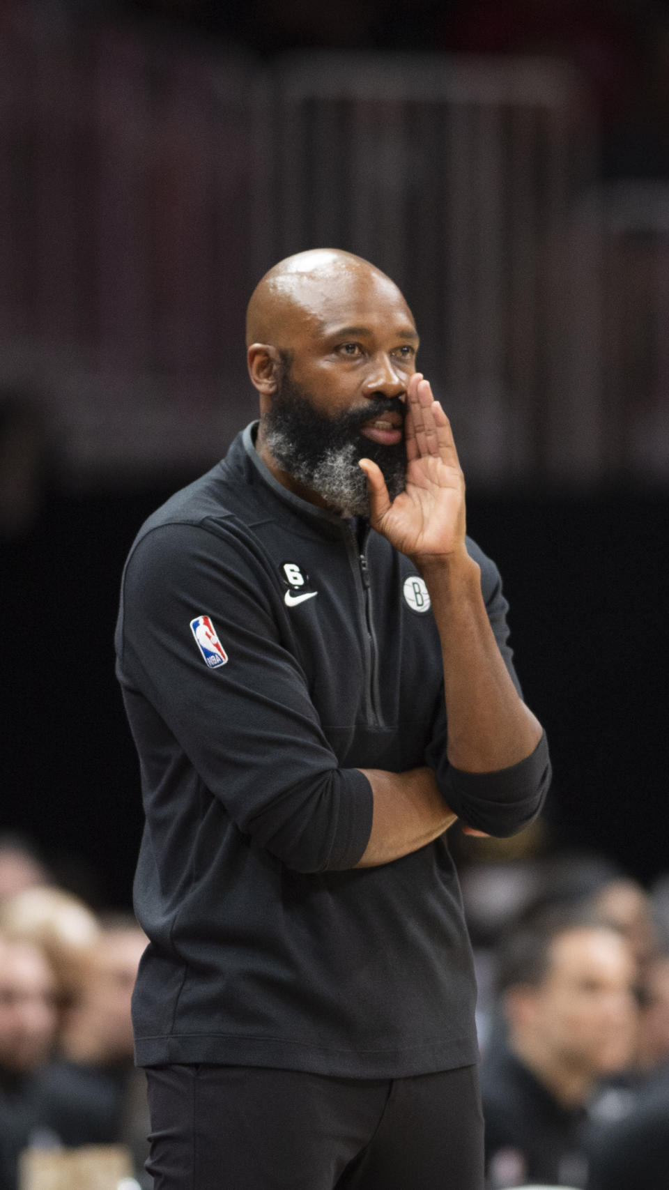 Brooklyn Nets head coach Jacque Vaughn yells during the first half of an NBA basketball game against the Atlanta Hawks, Sunday, Feb. 26, 2023, in Atlanta. (AP Photo/Hakim Wright Sr.)