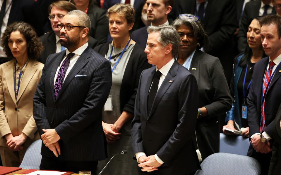 US Secretary of State Antony Blinken and United Kingdom Secretary of State for Foreign, Commonwealth and Development Affairs James Cleverly stand for a moment of silence during a Security Council meeting this morning - Michael M. Santiago/Getty Images