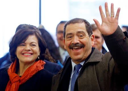 Chicago Mayoral candidate Jesus "Chuy" Garcia and his wife Evelyn arrive at a restaurant for lunch, on election day in Chicago, Illinois, February 24, 2015. REUTERS/Jim Young