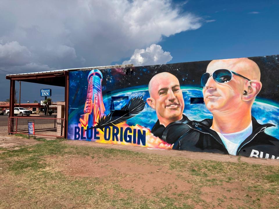 The side of a building in Van Horn, Texas, is adorned with a mural of Blue Origin founder Jeff Bezos (Sean Murphy/AP)) (AP)