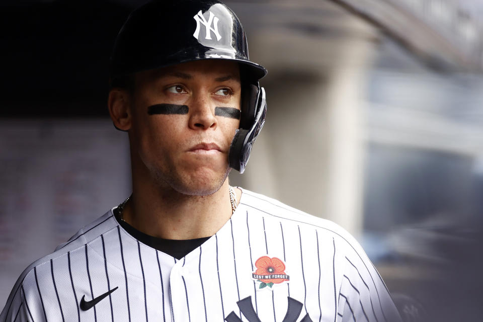 New York Yankees' Aaron Judge looks on from the dugout during the fifth inning of a baseball game against the Tampa Bay Rays on Monday, May 31, 2021, in New York. (AP Photo/Adam Hunger)