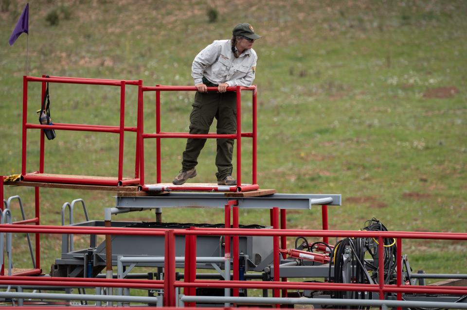 Miranda Terwilliger (Grand Canyon National Park biologist) runs the live capture and transfer incident from a catwalk above the corral, Sept. 8, 2022, near Lindbergh Hill at the Grand Canyon North Rim, Arizona.