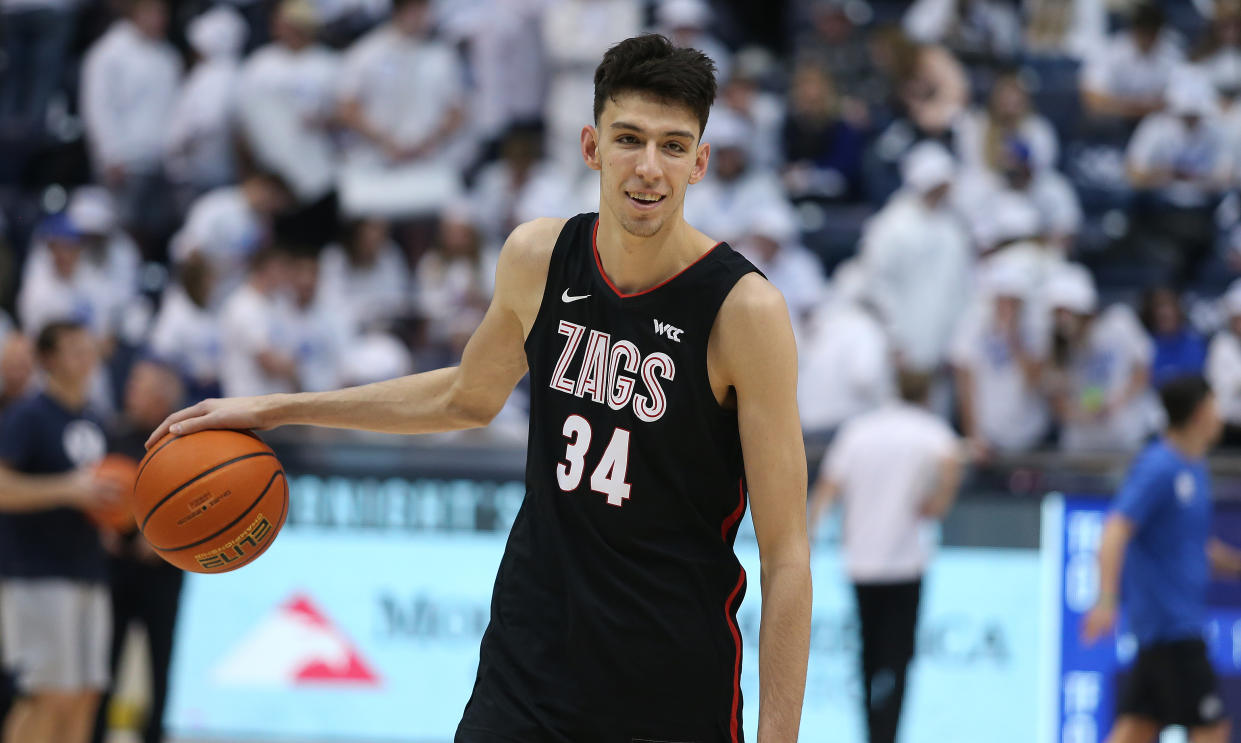 Gonzaga center Chet Holmgren warms up before a game this season. He is projected as a top-three NBA draft pick on June 23. (Chris Gardner/Getty Images)