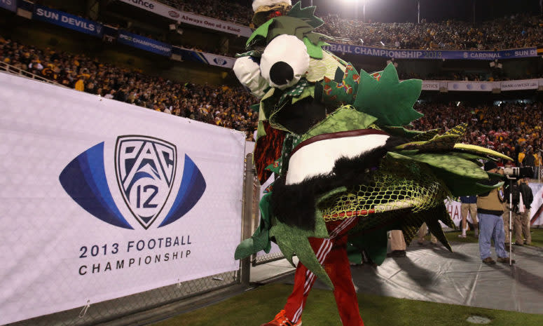 Stanford's mascot performing during a football game.