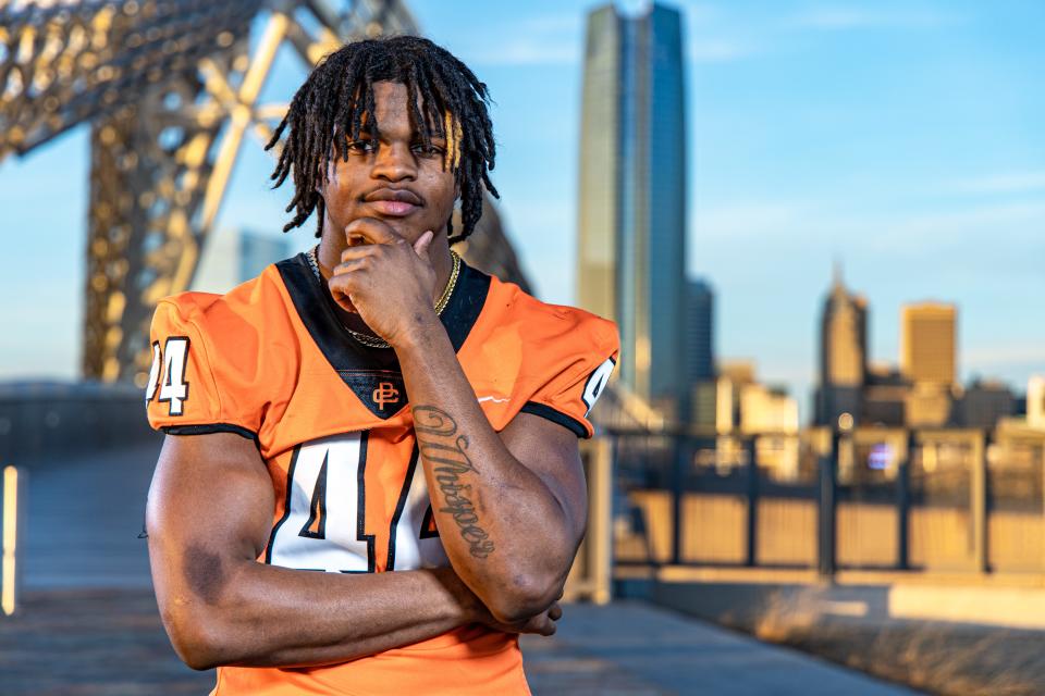 Taje McCoy, Putnam City edge rusher and The Oklahoman's 2022 All-State football defensive player of the year is pictured at Scissortail Bridge in Downtown Oklahoma City on Thursday, Jan. 5, 2022.