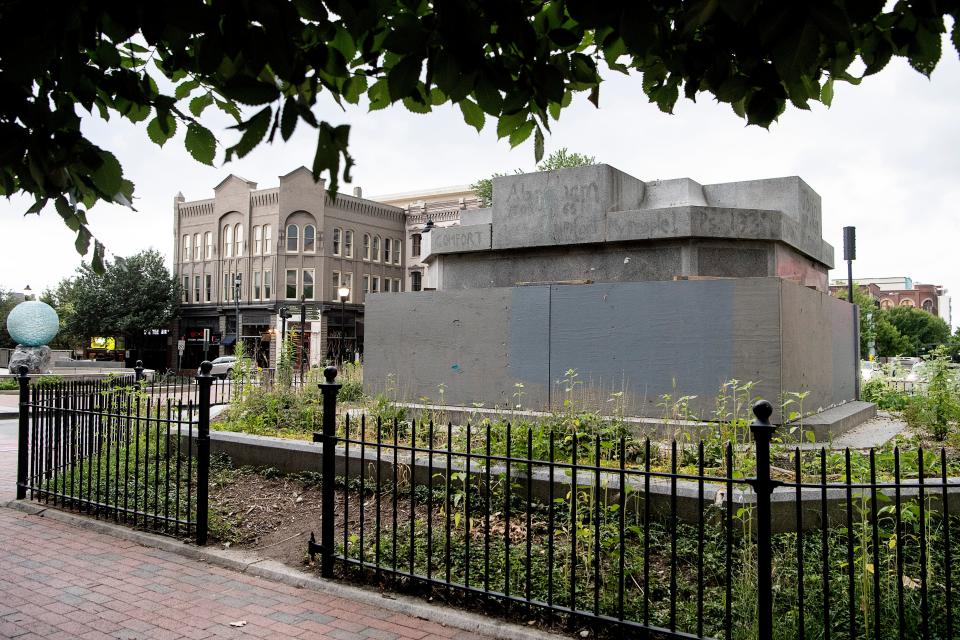 The base of Vance Monument remains in Pack Square in Asheville June 14, 2022.