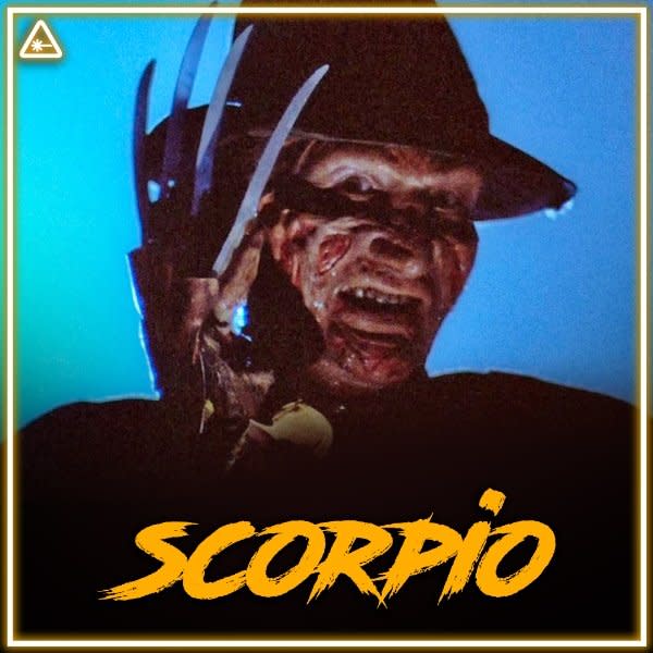 image of freddy krueger with scorpio in scrawling orange letters at the bottom for his zodiac sign