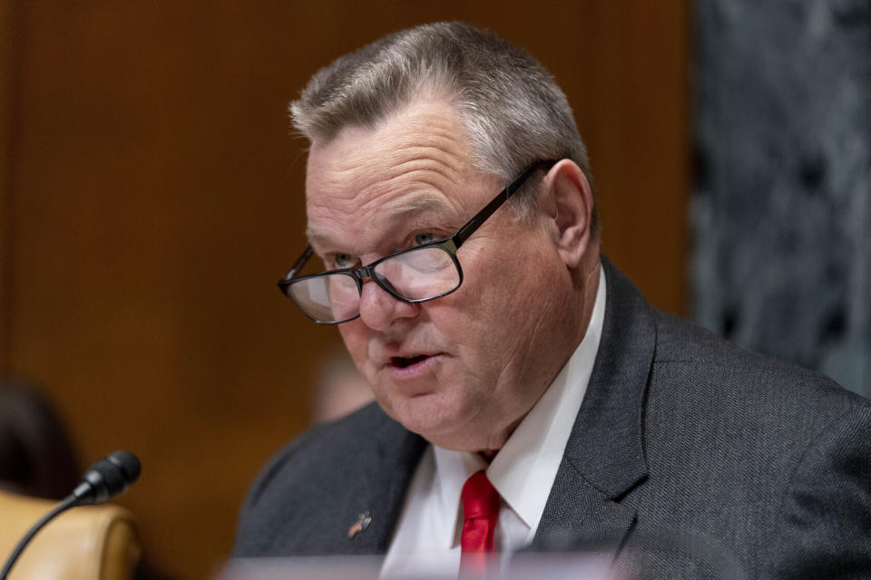 FILE - Chairman Sen. Jon Tester, D-Mont., speaks during a hearing on Capitol Hill in Washington, May 2, 2023. Jittery Democrats seeking to hold onto Senate seats are watching the drama over Biden nervously. Even candidates who seem to be in a strong position are walking a fine line between loyalty to the president and their own political survival. Tester has offered little public support for the president since the debate. (AP Photo/Andrew Harnik, File)