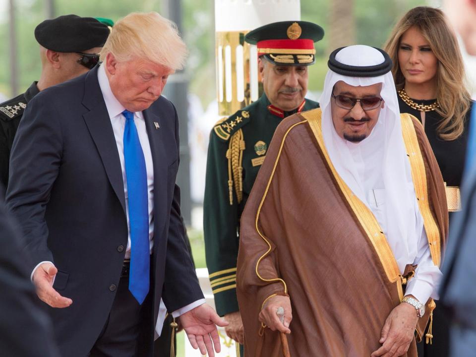 Saudi Arabia's King Salman bin Abdulaziz Al Saud welcoming US President Donald J. Trump and US first lady Melania Trump, at the Royal Terminal of King Khalid International Airport: EPA