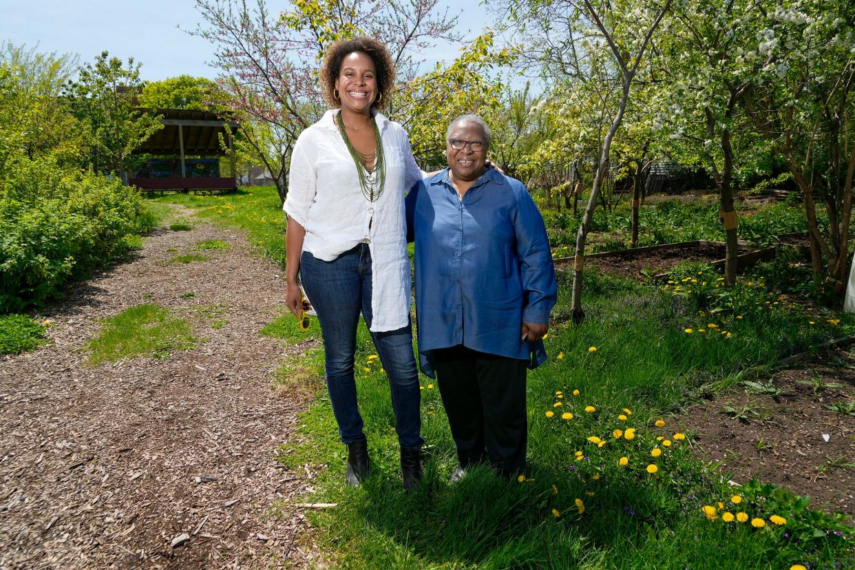 Victory Garden Initiative board president Chelsea Cross (left), and Victory Garden Initiative executive director Dr. Sandra Jones, at the Victory Garden Initiative Urban Farm on East Concordia Avenue in Milwaukee on Thursday, May 11, 2023. The Victory Garden Initiative had to cancel its annual garden blitz, an event where volunteers build raised garden beds throughout Milwaukee County. They canceled because of the economic strains of covid-19.