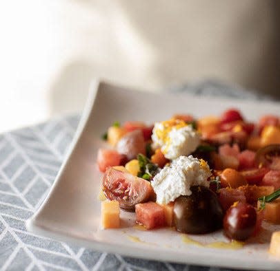 Tomato & Melon Salad with Ricotta & Herbs is perfect for the season.