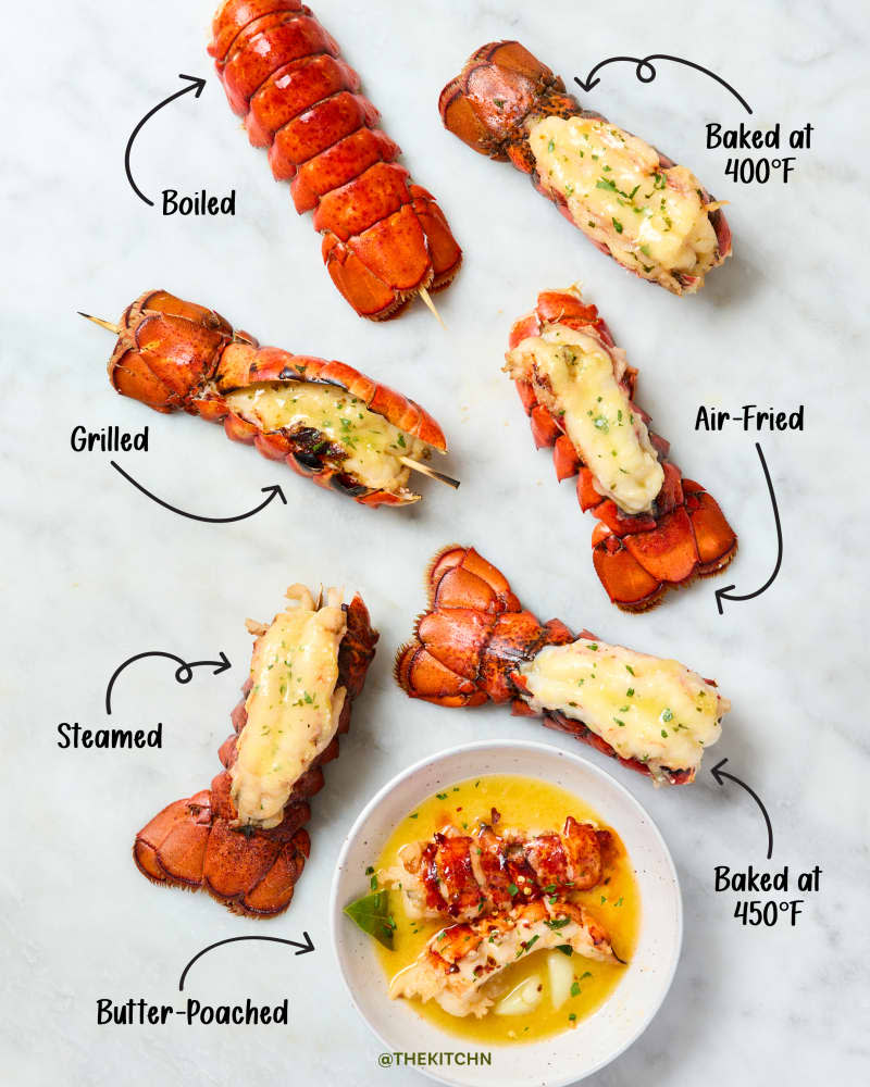 lobster tails cooked in 7 different ways labeled and shown on a marble surface