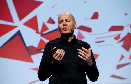 Sigve Brekke, President and CEO of Telenor, delivers a keynote speech during the Mobile World Congress in Barcelona, Spain February 23, 2016. REUTERS/Albert Gea/File Photo