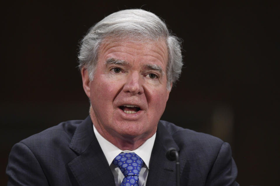 FILE - In this Feb. 11, 2020, file photo, NCAA President Mark Emmert testifies during a Senate Commerce subcommittee hearing on intercollegiate athlete compensation on Capitol Hill in Washington. The NCAA has fallen short of upholding its commitment to gender equity spending more on male athletes on average than female ones according a second review. A law firm hired by the NCAA to investigate equity issues released a 153-page report Tuesday night, Oct. 26, 2021 that includes a series of recommendations to improve the gap. (AP Photo/Susan Walsh, File)