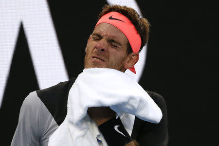 Tennis - Australian Open - Hisense Arena, Melbourne, Australia, January 20, 2018. Argentina's Juan Martin del Potro reacts during his match against Czech Republic's Tomas Berdych. REUTERS/Toru Hanai