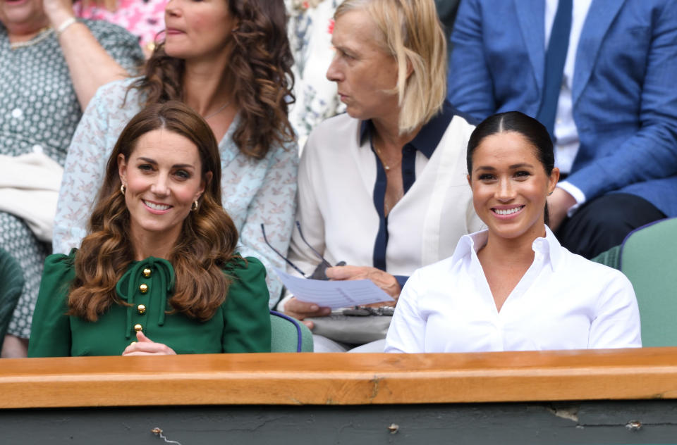 Meghan Markle and Kate Middleton pictured in the royal box for Wimbledon Women's final 2019