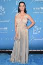 <p>Katy donned a champagne-hued Marchesa gown full of delicate floral ruffles for the winter ball. <i>[Photo: Getty]</i> </p>