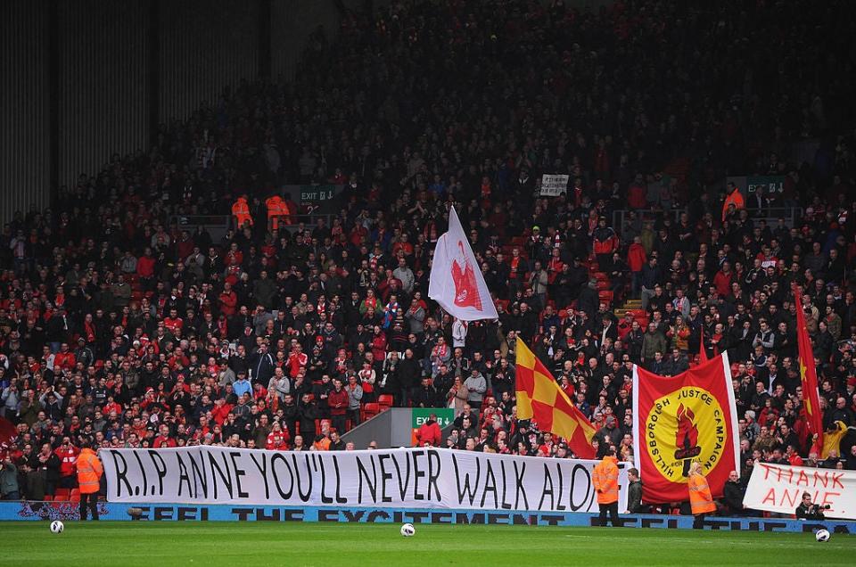 Liverpool fans display a banner in memory of Anne Williams after her death in April 2013 (Getty)