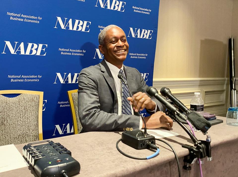 U.S. Atlanta Federal Reserve Bank President Raphael Bostic speaks to reporters at the National Association of Business Economics' annual policy meeting in Washington, U.S. March 21, 2022. REUTERS/Ann Saphir