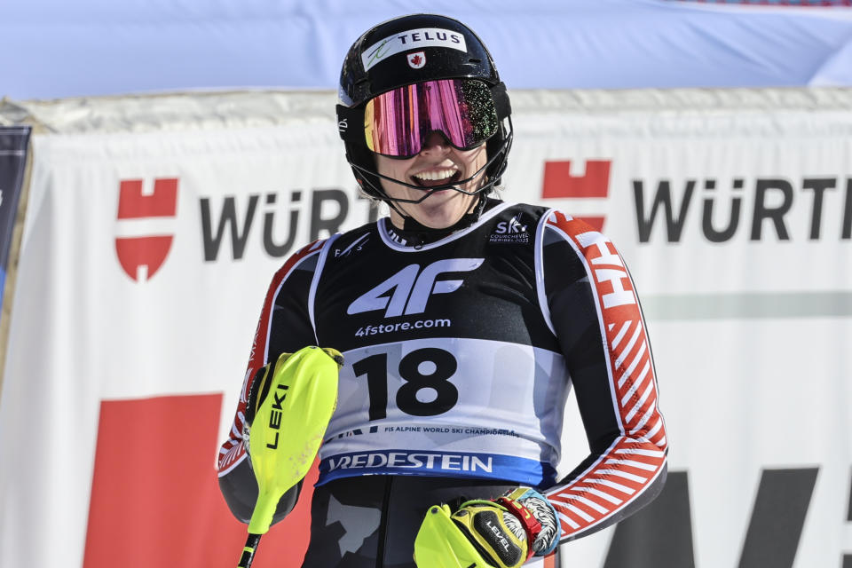 Canada's Laurence St-Germain gets to the finish area after completing the women's World Championship slalom, in Meribel, France, Saturday Feb. 18, 2023. (AP Photo/Marco Trovati)