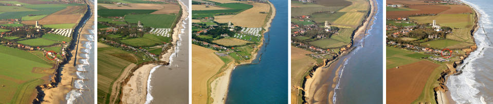 An incredible series of aerial pictures taken, from left in 1996, 2006, 2012, 2021 and 2023 showing the land at Happisburgh on the east coast being gradually lost to the sea. The house circled far left was the former home of Bryony Nierop-Reading which was lost to coastal erosion - but then the house circled far right is where she moved to and which is also expected to be lost within a year. Release date December 8 2023. See SWNS story SWLSsea. A grandmother nicknamed 'Granny Canute' who fought to save her bungalow from falling into the sea ten years ago - now faces losing another property. Bryony Nierop-Reading, 78, was forced to leave her three-bedroom property in December 2013 after a third of it fell into the sea. She bought the 1930s property for Â£25,000 in 2009 and at the time, it was around 20ft (six metres) from the cliff edge. 