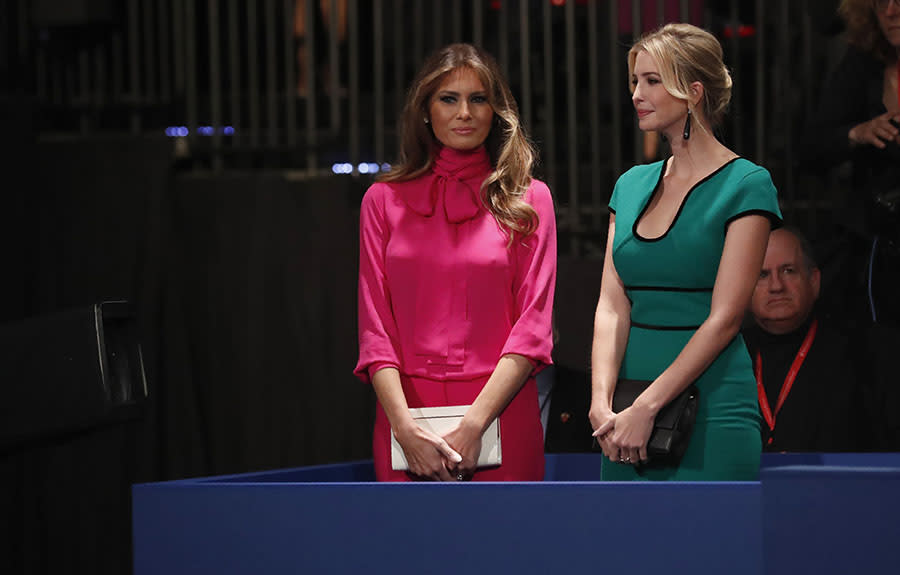 Was Melania sending a message with her pink pussy bow blouse? (Photo: Getty Images)