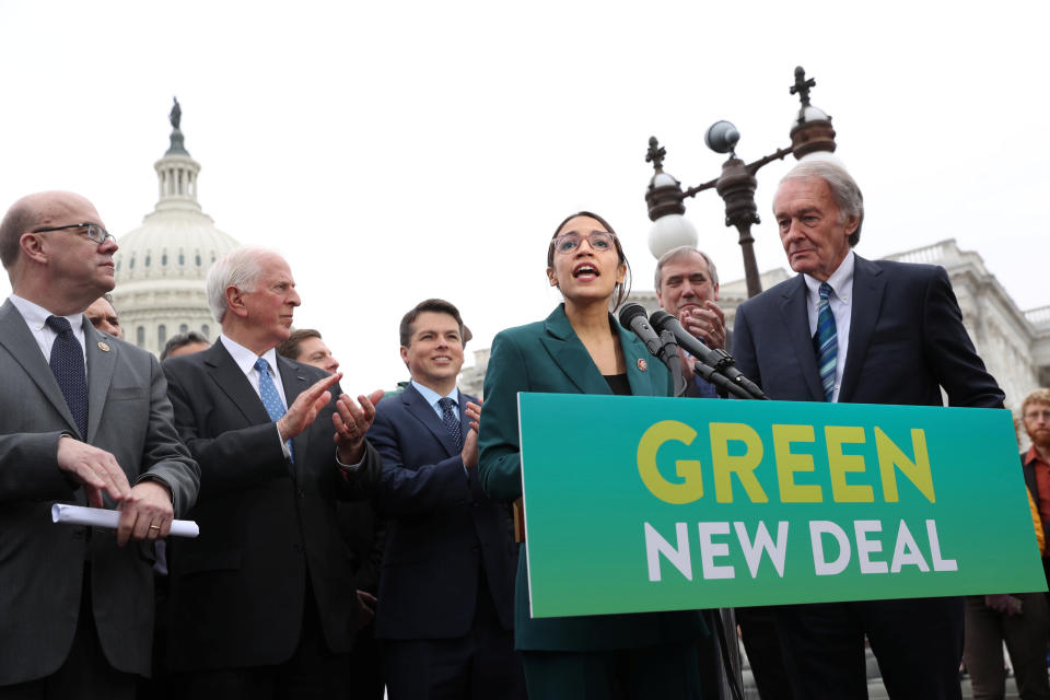 U.S. Representative Alexandria Ocasio-Cortez (D-NY) and Senator Ed Markey (D-MA) hold a news conference for their proposed "Green New Deal" to achieve net-zero greenhouse gas emissions in 10 years, at the U.S. Capitol in Washington, Feb. 7, 2019. (Photo: Jonathan Ernst/Reuters)
