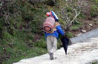 Most tourists choose to ride mules to the top but a few nature buffs, like us, prefer to walk the entire distance. However, people like this porter transporting a gas cylinder on his back have no choice.<br>