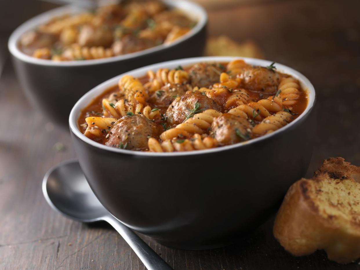 Italian Meatball Soup with Rotini, Fresh Herbs and Toasted Bread- Photographed on Hasselblad H3D2-39mb Camera