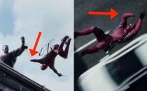 <p>In the bridge fight scene where Colossus and Negasonic Teenage Warhead appear, Deadpool tries to escape Colossus’ handcuffs by severing his hand. The hand that he cuts off is his left, but when he jumps off the bridge the severed arm is on his right side. Credit: 20th Century Fox </p>