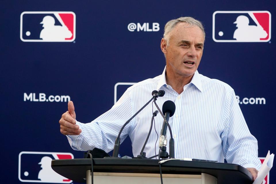 Major League Baseball commissioner Rob Manfred speaks during a news conference after negotiations with the players' association toward a labor deal, Tuesday, March 1, 2022, at Roger Dean Stadium in Jupiter, Fla. Manfred said he is canceling the first two series of the season that was set to begin March 31, dropping the schedule from 162 games to likely 156 games at most. Manfred said the league and union have not made plans for future negotiations. Players won't be paid for missed games.