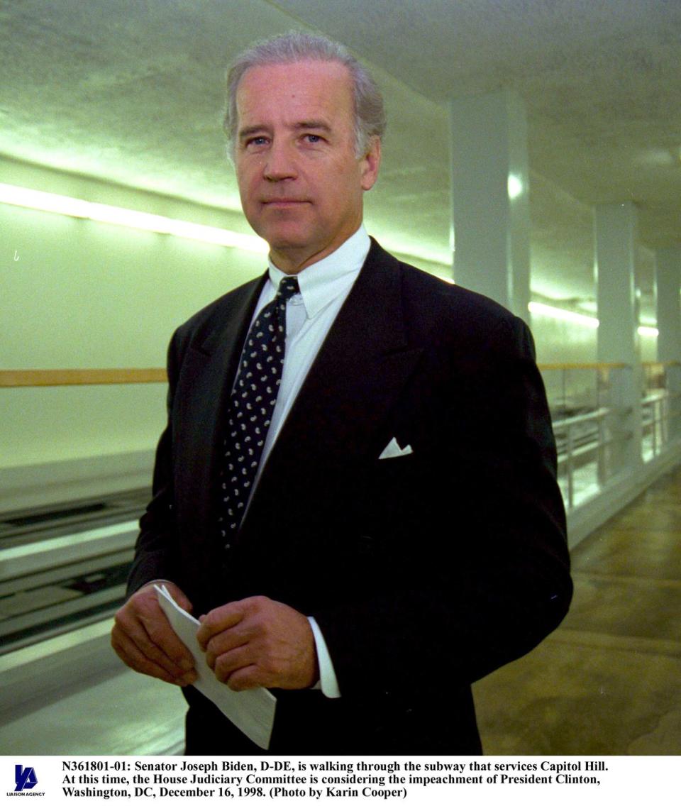 senator joseph biden d de is walking through the subway that services capitol hill at