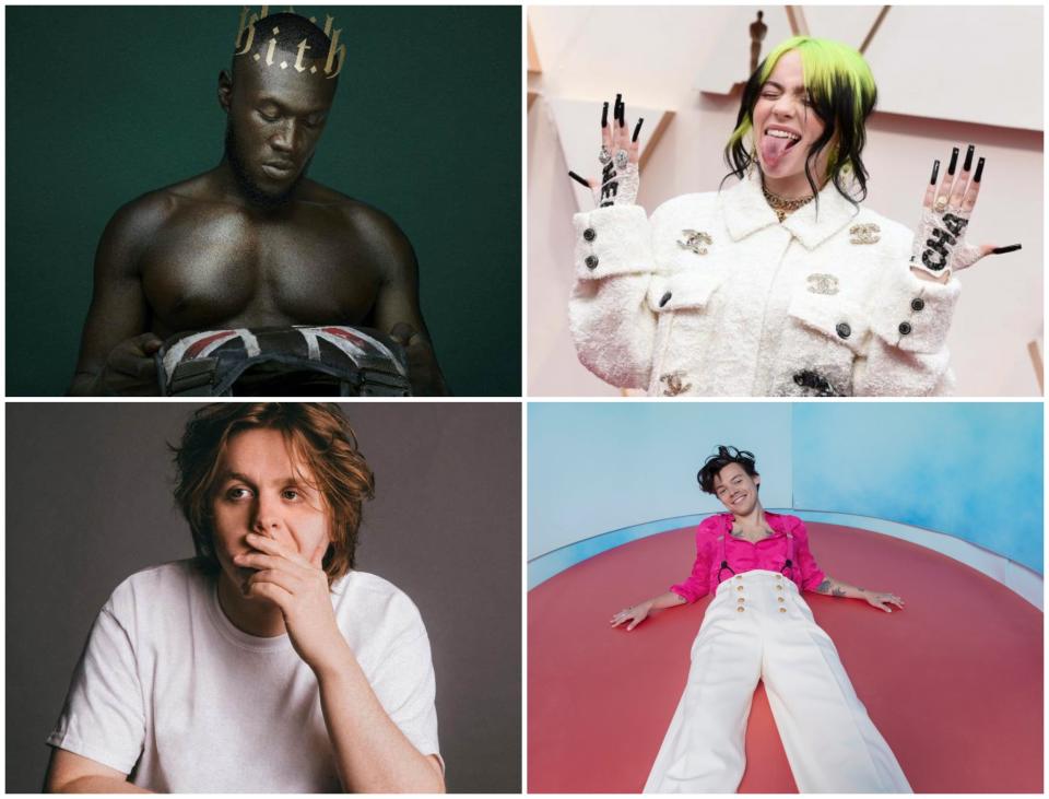 Clockwise from top left: Stormzy, Billie Eilish, Harry Styles and Lewis Capaldi: AP