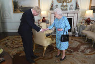 FILE - In this Wednesday July 24, 2019 file photo Britain's Queen Elizabeth II welcomes newly elected leader of the Conservative party Boris Johnson during an audience at Buckingham Palace, London, where she invited him to become Prime Minister and form a new government. (Victoria Jones/Pool via AP, File)