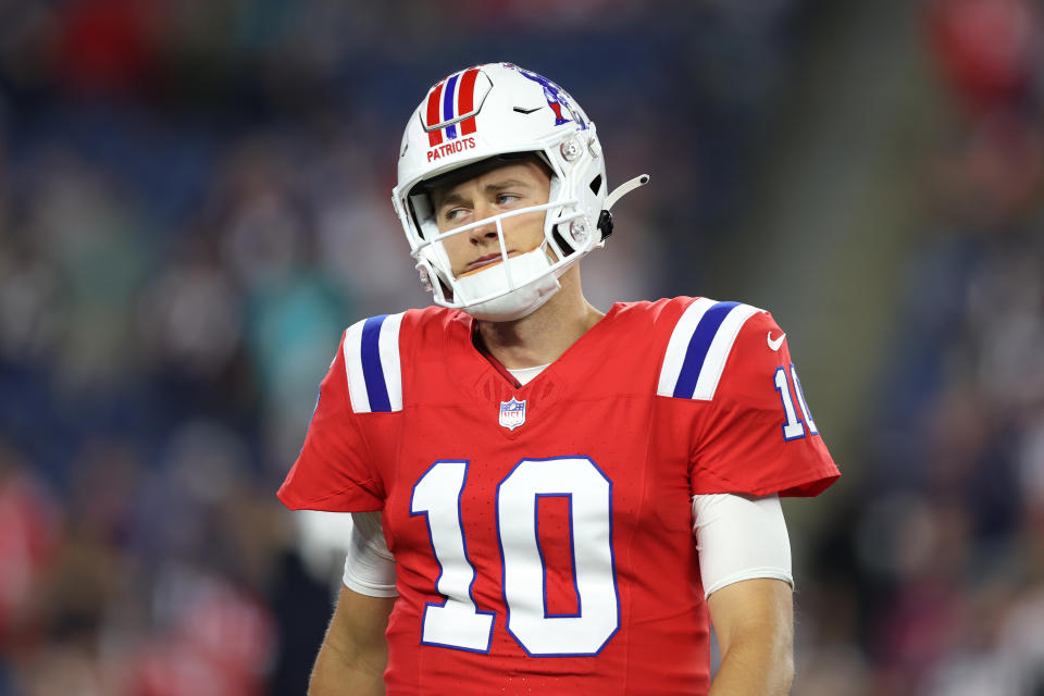 Fairly or not, Mac Jones will always be compared to his predecessor, Tom Brady. So far, the Jones-led Patriots have not lived up to that standard.  (Photo by Adam Glanzman/Getty Images)