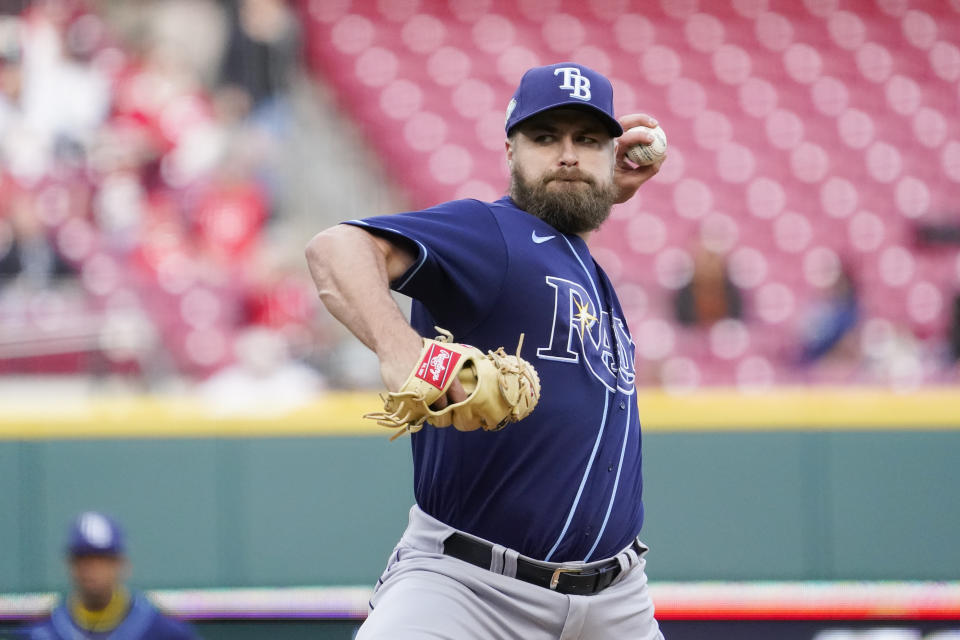 Tampa Bay Rays starting pitcher Jalen Beeks delivers during the first inning of a baseball game against the Cincinnati Reds, Monday, April 17, 2023, in Cincinnati. (AP Photo/Joshua A. Bickel)