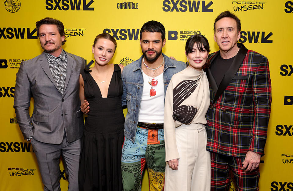 Pedro Pascal, Lily Sheen, Jacob Scipio, Alessandra Mastronardi and Nicolas Cage attend the premiere of The Unbearable Weight of Massive Talent - Credit: Rich Fury/Getty Images