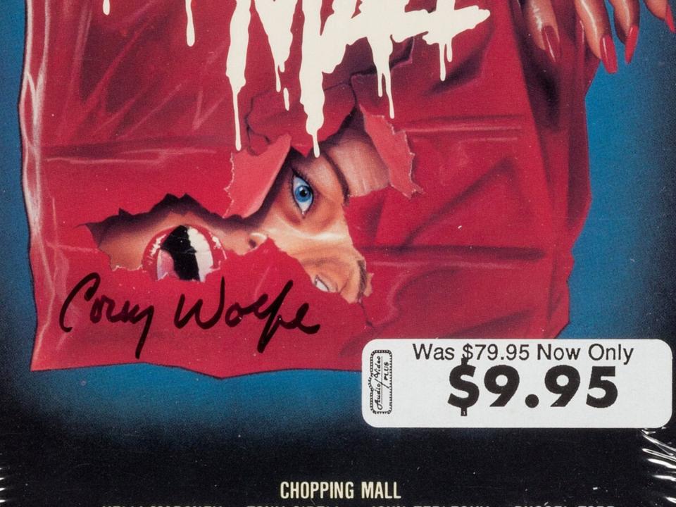 Close-up of signed VHS tape of "Chopping Mall"