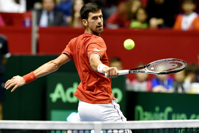 Serbia's Novak Djokovic returns the ball to Spain's Albert Ramos-Vinolas during their Davis Cup World Group quarterfinals single match in Belgrade on April 7, 2017