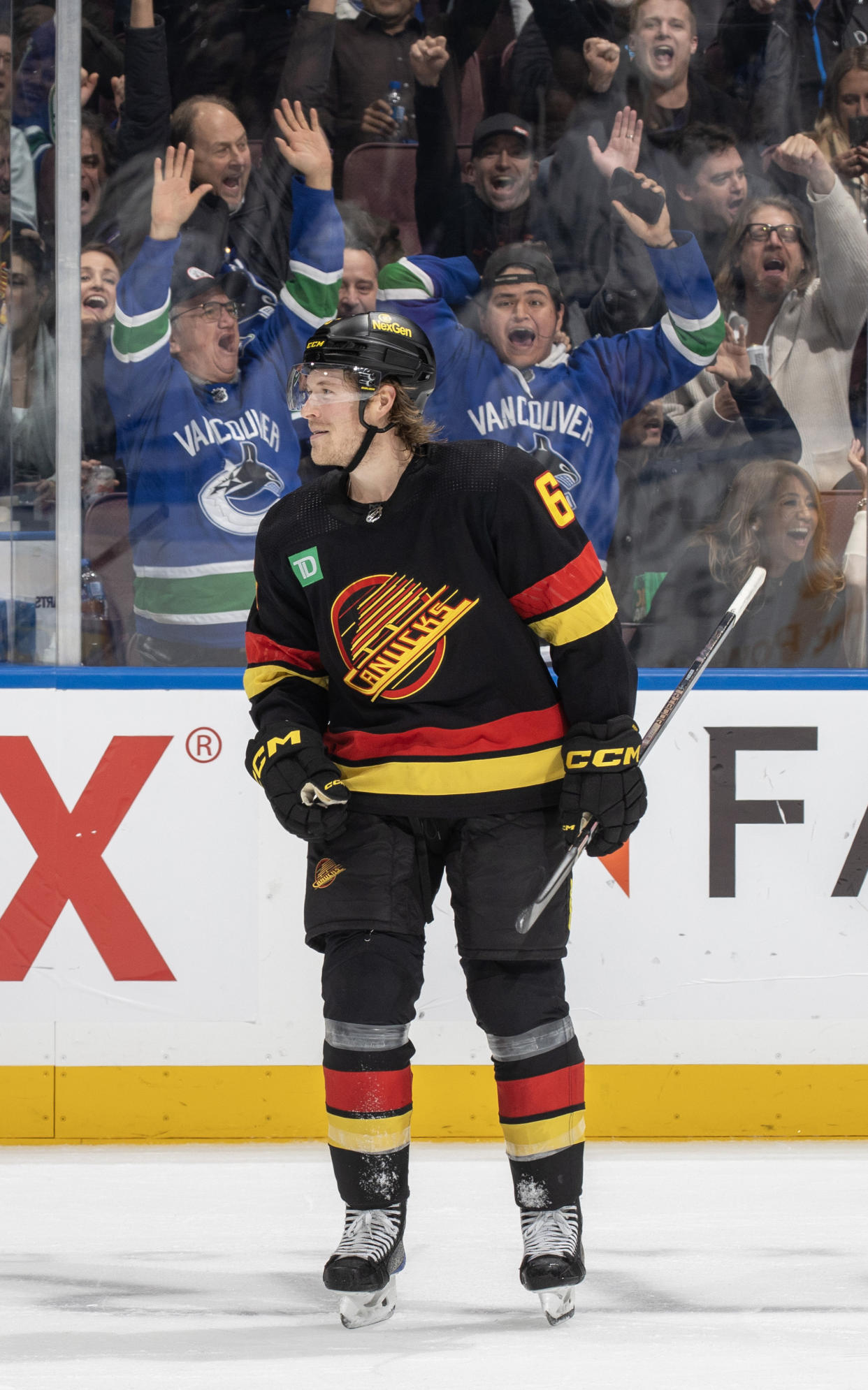 Brock Boeser after his third goal on Tuesday. (Jeff Vinnick/NHLI via Getty Images)