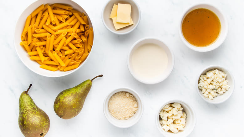 Pear and gorgonzola pasta ingredients laid out