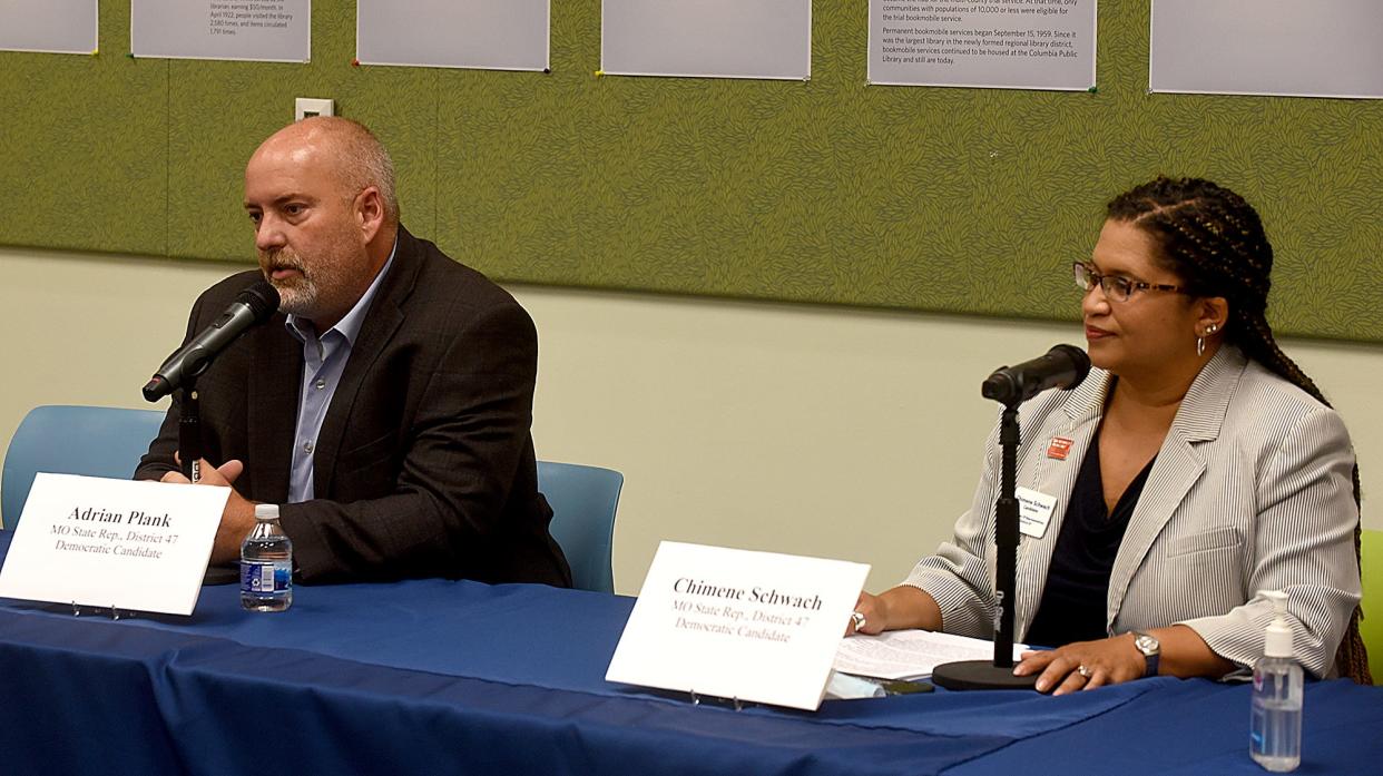 Missouri State Representative District 47 Democratic candidates Adrian Plank and Chimene Schwach answer questions Thursday at the League of Women Voters Forum at the Columbia Public Library. Other candidates appearing were for Boone County presiding commissioner, Boone County recorder of deeds and Division 10 associate circuit judge.