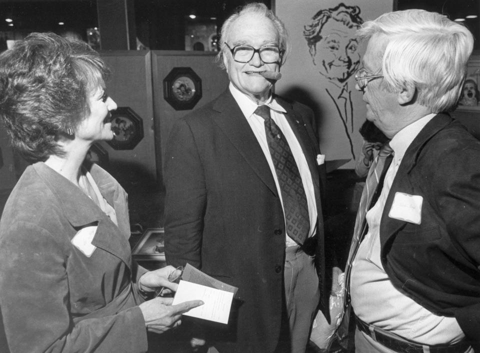 Red Skelton talks with Bo and Herb Thorp on April 20, 1983.