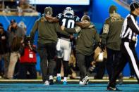 Nov 13, 2017; Charlotte, NC, USA; Carolina Panthers wide receiver Curtis Samuel (10) gets help off the field in the third quarter after an injury against the Miami Dolphins at Bank of America Stadium. Jeremy Brevard-USA TODAY Sports
