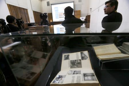 Books of Chile's Civil Police with declassified files relating to Nazi espionage in Chile is displayed after they were made public to be delivered to the country's archives in Santiago, Chile, June 22, 2017. REUTERS/Carlos Vera